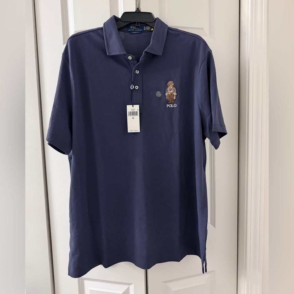 Classic Polo Shirt in Navy with Embroidered Bear